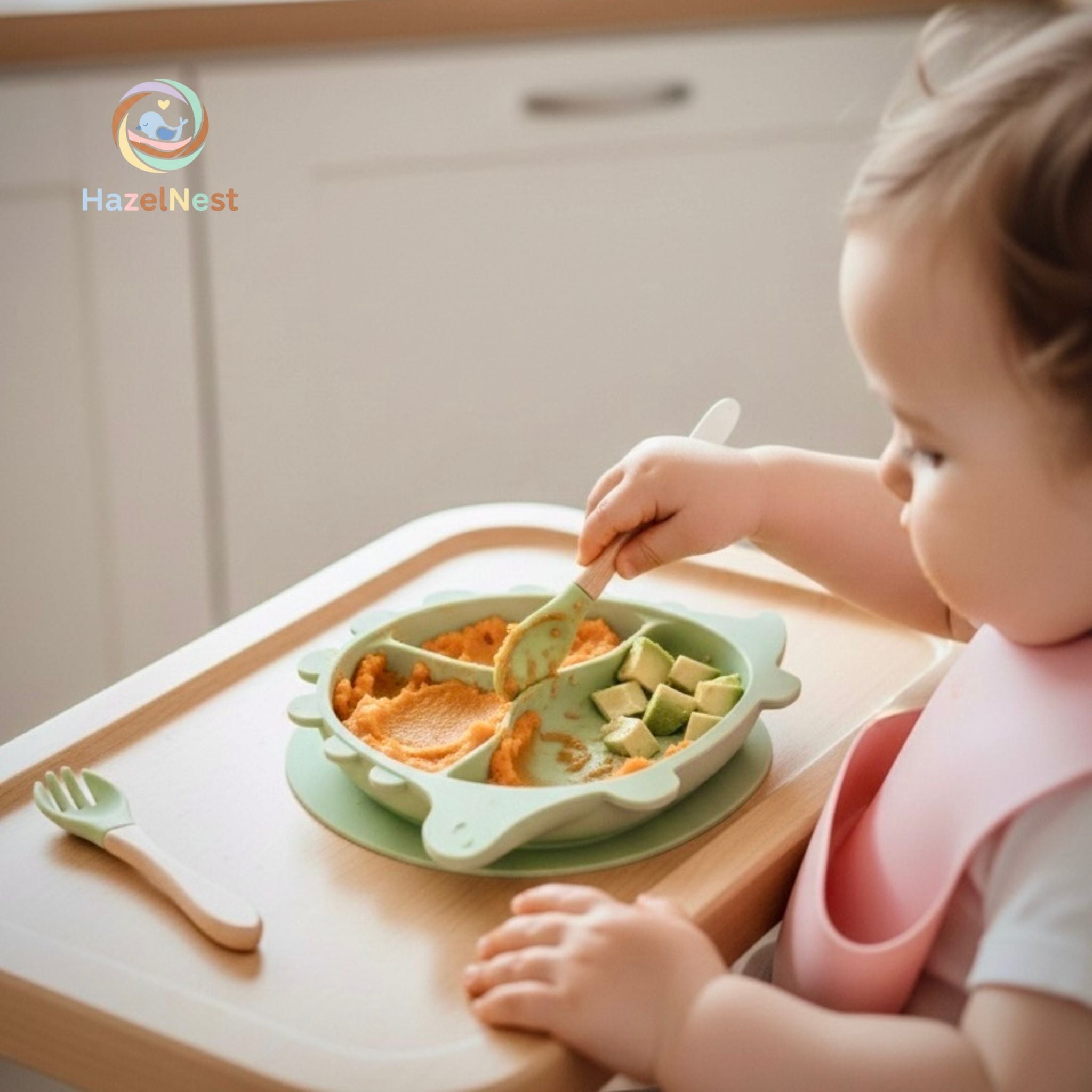 Cute dino silicone bowl, plate, fork and spoon for babies
