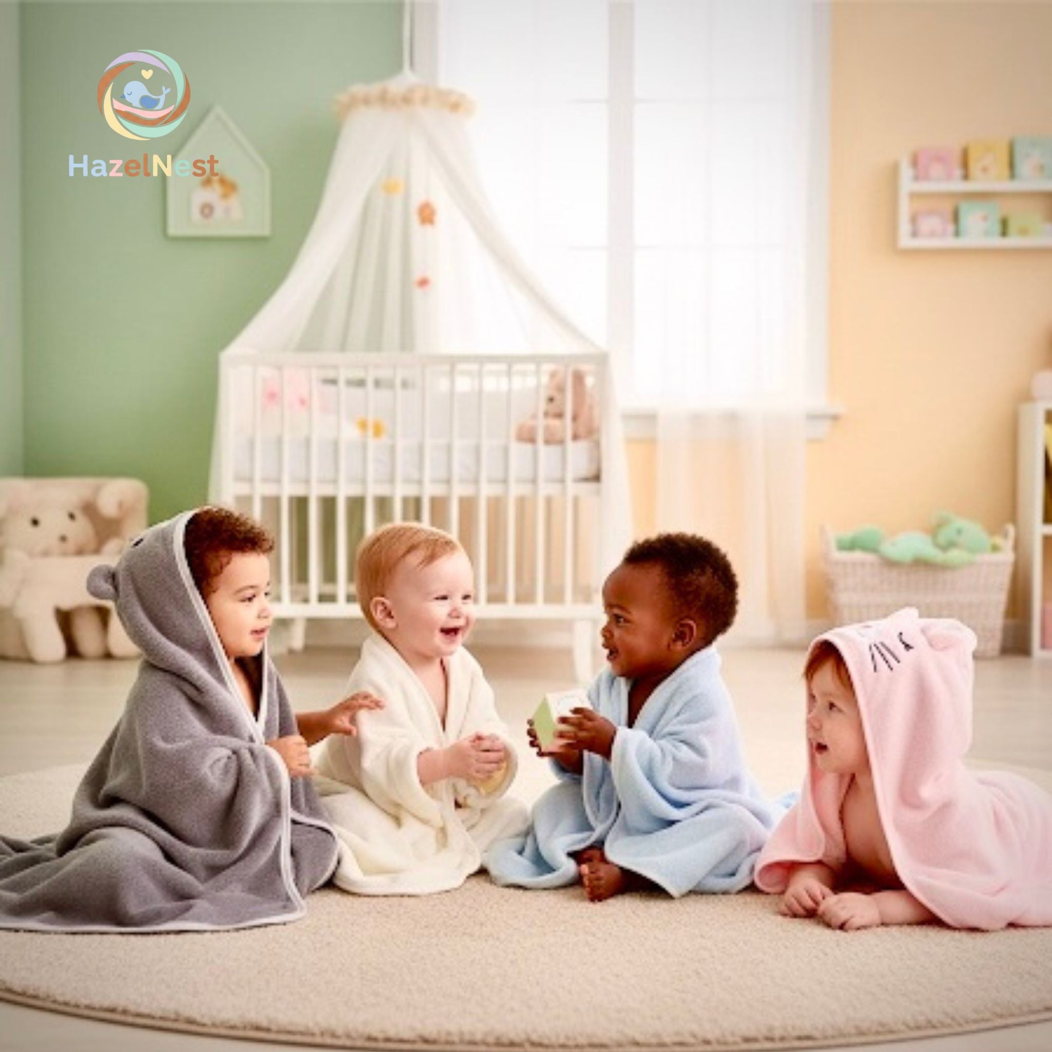 Soft hooded baby towel in coral fleece with animal design
