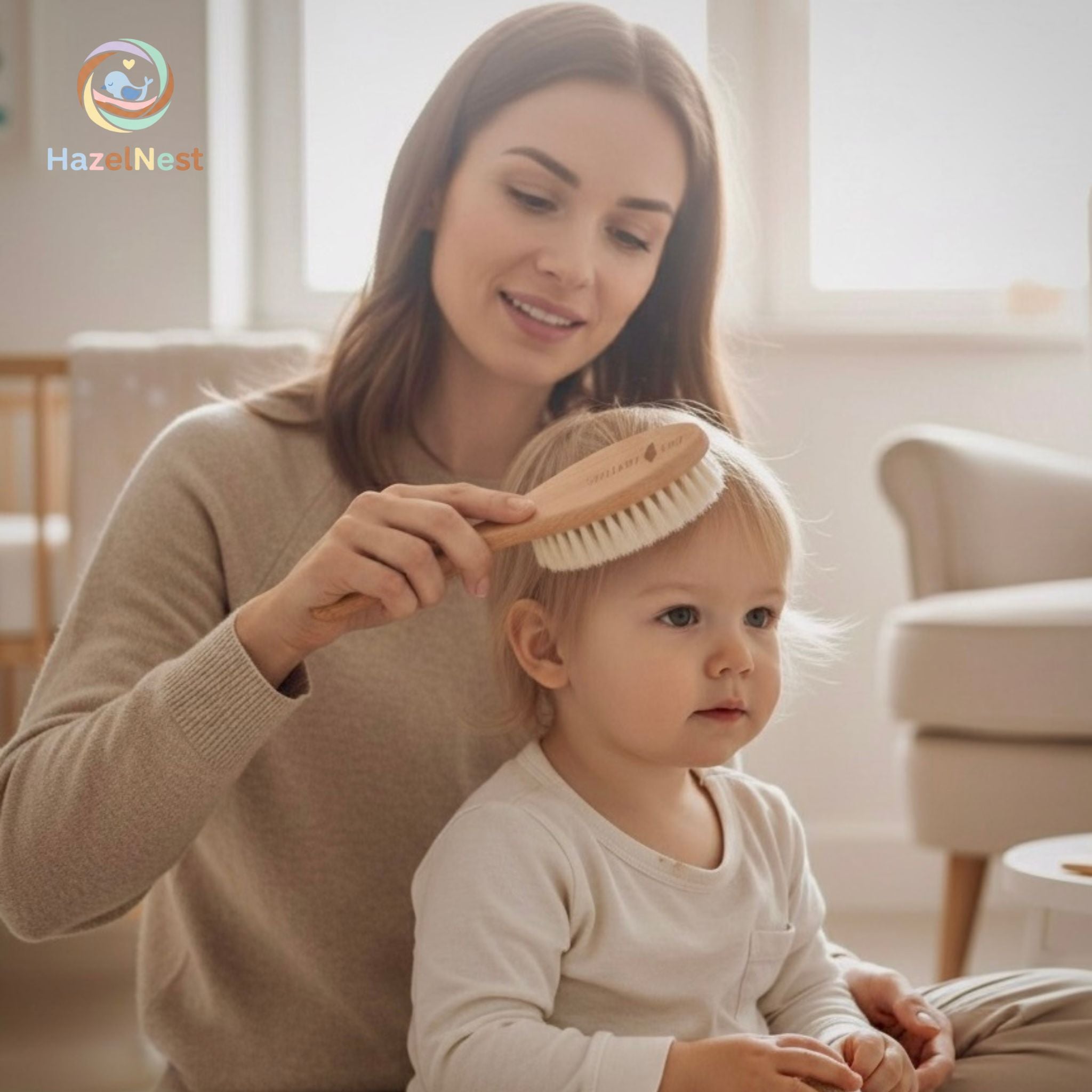 Wooden baby hair brush and comb set with soft goat bristles
