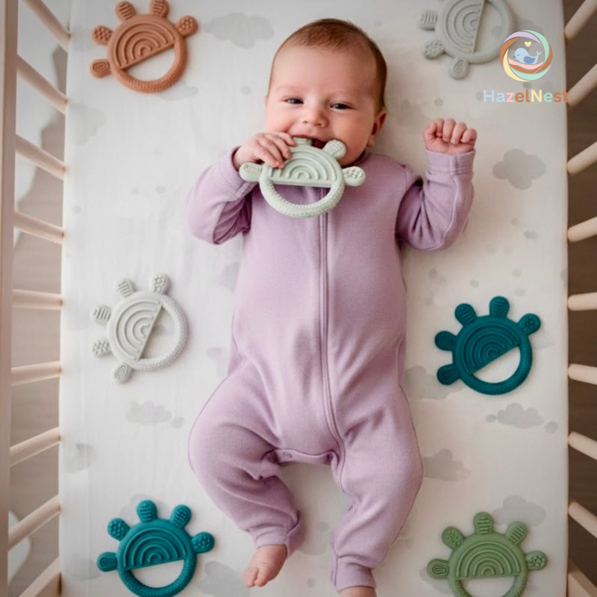 SunnyTeether silicone baby teether in yellow sun design