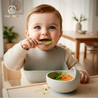 Waterproof silicone baby bib with suction bowl and spoon
