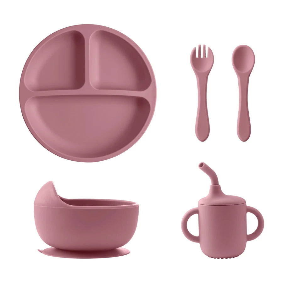 Baby feeding set with suction bowl, plate, cup, and spoons
