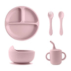 Baby feeding set with suction bowl, plate, cup, and spoons
