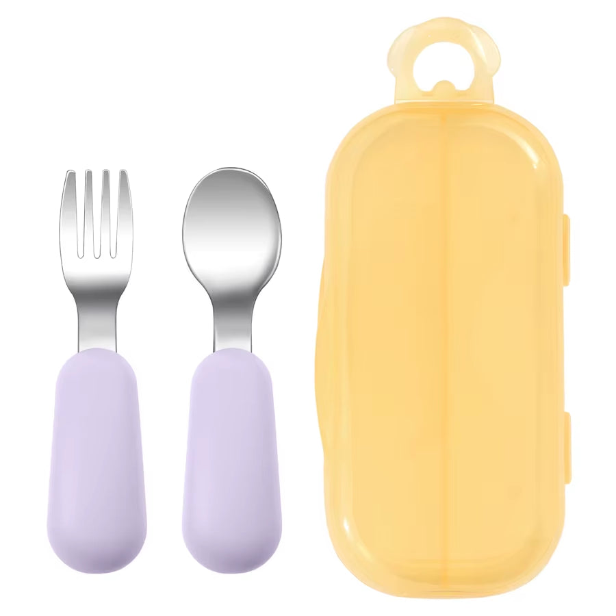 2PCS Baby Silicone Stainless Steel Fork Spoon Portable Baby Tableware Feeding Training Baby Utensils Solid Color Baby Stuff