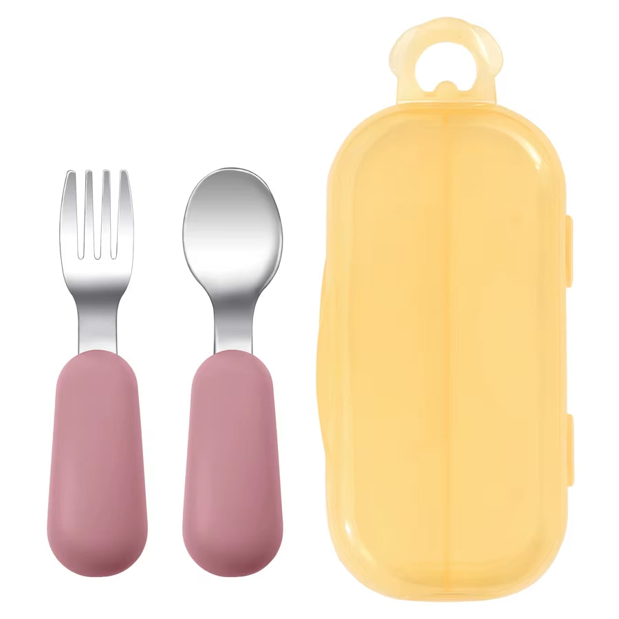 2PCS Baby Silicone Stainless Steel Fork Spoon Portable Baby Tableware Feeding Training Baby Utensils Solid Color Baby Stuff