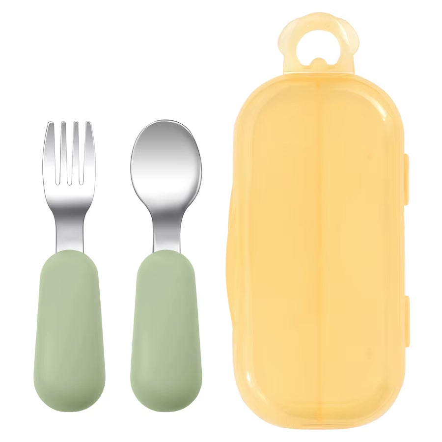 2PCS Baby Silicone Stainless Steel Fork Spoon Portable Baby Tableware Feeding Training Baby Utensils Solid Color Baby Stuff